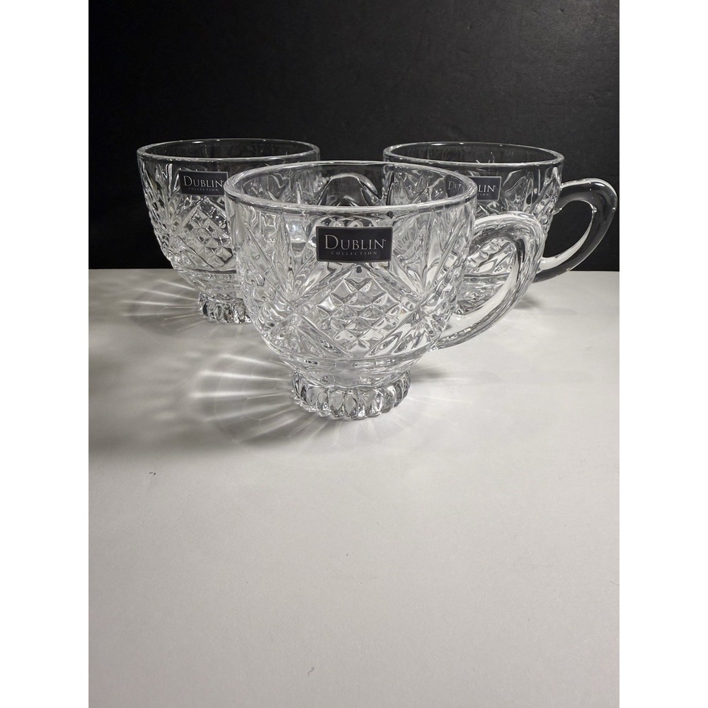 Godinger Dublin Crystal Mugs Cups Set of 4 Footed Clear Glass 4"
